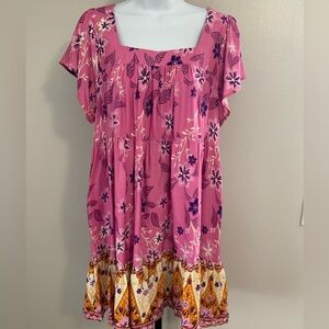 NWT Umgee Purple Floral Square-Neck Flutter Sleeve Dress with Contrast Hem